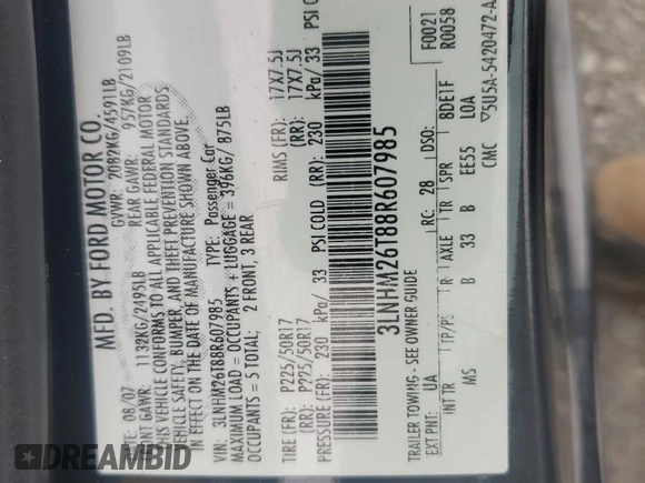 2008 Lincoln MKZ with VIN 3LNHM26T88R607985, listed as a Copart auction lot 52194065 with 146,509 mi miles and Salvage Title. Bid and sale history available at carsss.com. Image 12.