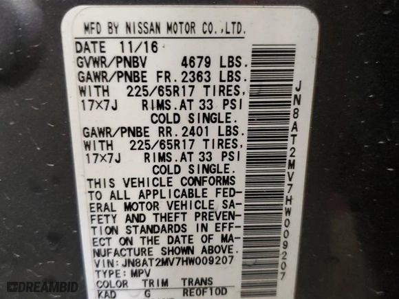 2017 Nissan Rogue SL with VIN JN8AT2MV7HW009207, listed as a Copart auction lot 53508285 with 97,457 mi miles and Non Repairable. Bid and sale history available at carsss.com. Image 14.