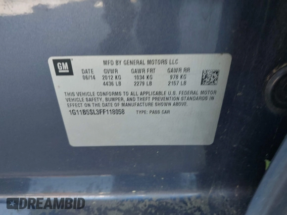 2015 Chevrolet Malibu LS with VIN 1G11B5SL3FF118058, listed as a IAAI auction lot 42068860 with Not Provided miles and . Bid and sale history available at DreamBid. Image 9.