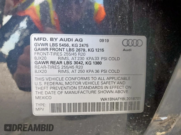 2020 Audi Q5 Premium Plus with VIN WA1BNAFY8L2018701, listed as a Copart auction lot 62367925 with Not provided miles and Salvage title. Bid and sale history available at DreamBid. Image 13.