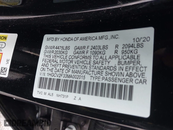 2021 Honda Accord Sport with VIN 1HGCV2F33MA002015, listed as a IAAI auction lot 41934218 with 38,687 mi miles and . Bid and sale history available at DreamBid. Image 9.