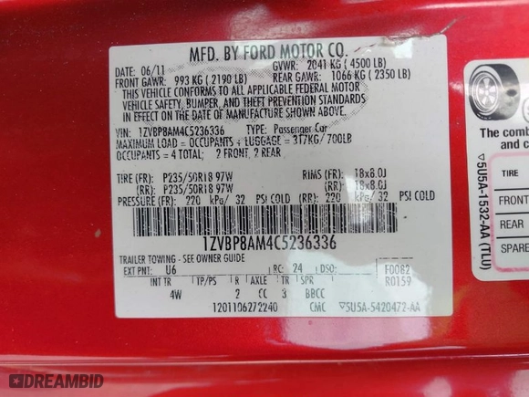 2012 Ford Mustang V6 Premium with VIN 1ZVBP8AM4C5236336, listed as a IAAI auction lot 41760231 with 112,311 mi miles. Bid and sale history available at carsss.com. Image 9.
