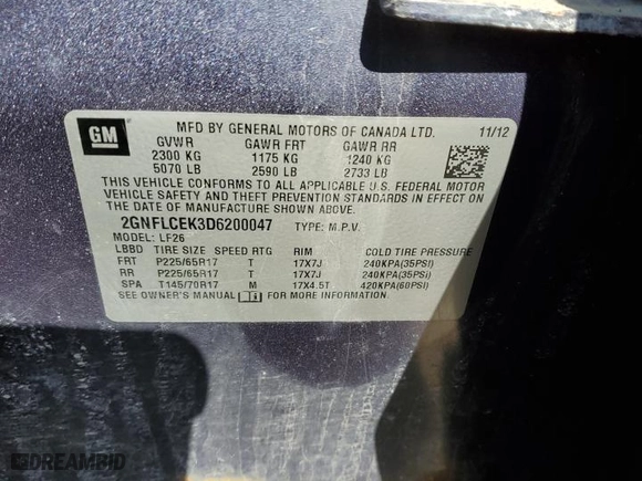 2013 Chevrolet Equinox LS with VIN 2GNFLCEK3D6200047, listed as a Copart auction lot 52923955 with 185,330 mi miles and Clean Title. Bid and sale history available at carsss.com. Image 12.