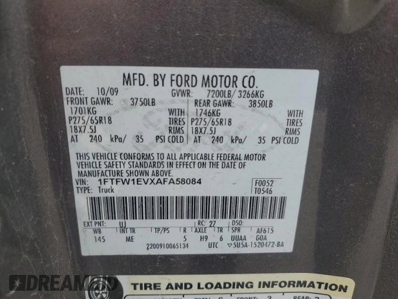 2010 Ford F-150 XL with VIN 1FTFW1EVXAFA58084, listed as a Copart auction lot 54670295 with 134,761 mi miles and Clean title. Bid and sale history available at DreamBid. Image 12.