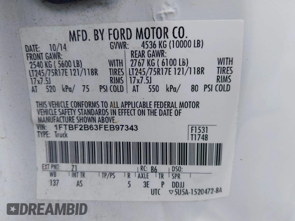 2015 Ford F-250 XLT with VIN 1FTBF2B63FEB97343, listed as a IAAI auction lot 41536666 with 172,170 mi miles and . Bid and sale history available at DreamBid. Image 9.