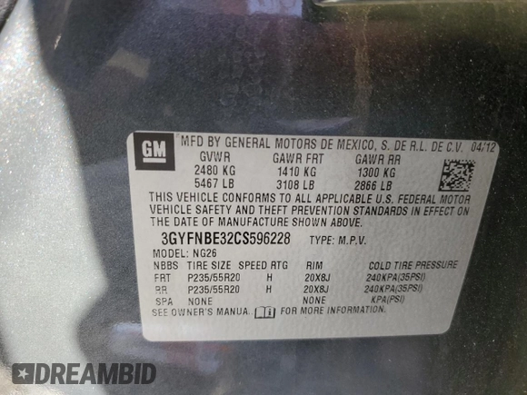 2012 Cadillac SRX Performance Collection z VIN 3GYFNBE32CS596228, wystawiony jako Copart lot #60002985 z przebiegiem 71 738 mil mil oraz Szkoda całkowita • Salvage title. Historia ofert i sprzedaży dostępna na DreamBid. Obrazek 12.