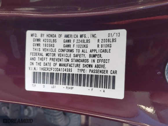 2013 Honda Accord Sdn LX with VIN 1HGCR2F33DA104595, listed as a IAAI auction lot 41735651 with 158,676 mi miles. Bid and sale history available at carsss.com. Image 9.