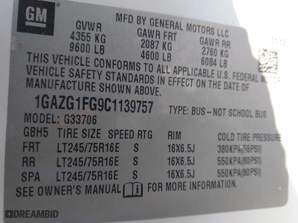 2012 Chevrolet Express Passenger 1LT with VIN 1GAZG1FG9C1139757, listed as a IAAI auction lot 41578074 with 62,563 mi miles. Bid and sale history available at carsss.com. Image 9.
