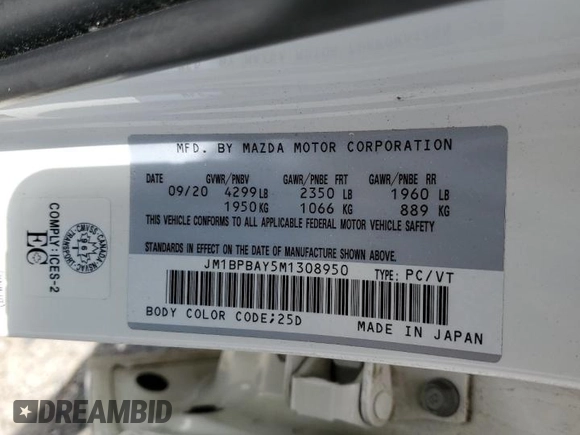 2021 Mazda 3 2.5 Turbo with VIN JM1BPBAY5M1308950, listed as a Copart auction lot 87502495 with 62,843 mi miles and Salvage Title. Bid and sale history available at DreamBid. Image 13.