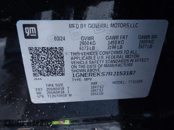 2024 Chevrolet Traverse FWD LS with VIN 1GNEREKS7RJ153187, listed as a IAAI auction lot 41419300 with 5,559 mi miles and . Bid and sale history available at DreamBid. Image 9.