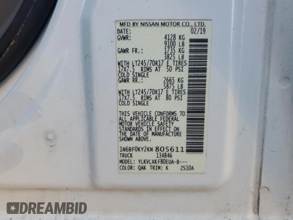2019 Nissan NV Cargo SV с VIN 1N6BF0KY2KN805611, выставлен на аукционе Copart как лот 84392104 с пробегом 119 881 миль миль и Списание • Salvage title. История ставок и продаж доступна на DreamBid. Изображение 13.