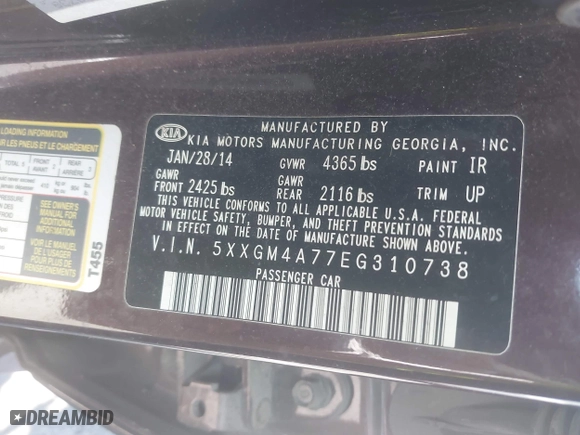 2014 Kia Optima LX with VIN 5XXGM4A77EG310738, listed as a IAAI auction lot 41990314 with 1 mi miles. Bid and sale history available at carsss.com. Image 9.
