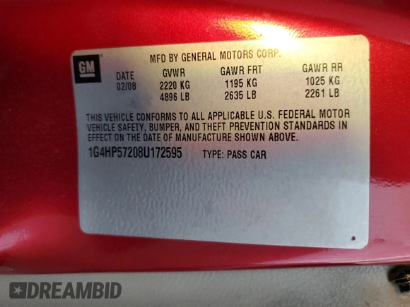 2008 Buick Lucerne CX with VIN 1G4HP57208U172595, listed as a Copart auction lot 55155905 with 160,186 mi miles and Salvage Title. Bid and sale history available at DreamBid. Image 12.