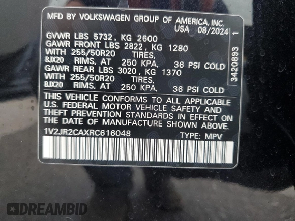 2024 Volkswagen Atlas SE z VIN 1V2JR2CAXRC616048, wystawiony jako Copart lot #56694875 z przebiegiem 11 281 mil mil oraz Szkoda całkowita • Salvage title. Historia ofert i sprzedaży dostępna na DreamBid. Obrazek 13.