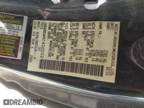 2012 Nissan Frontier SV with VIN 1N6AD0CW4CC410552, listed as a IAAI auction lot 42411152 with 174,697 mi miles and . Bid and sale history available at DreamBid. Image 9.