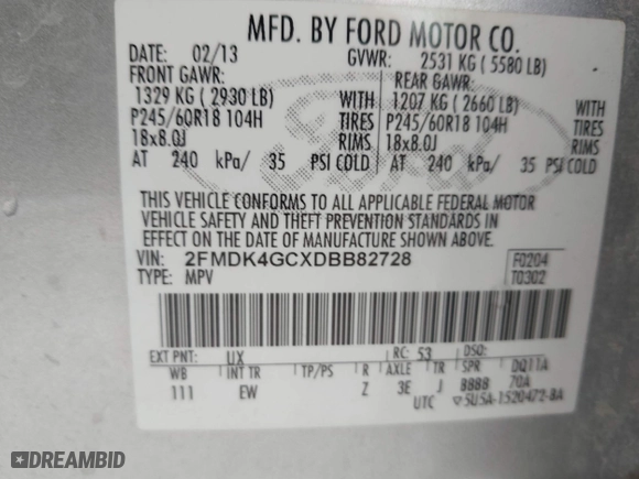 2013 Ford Edge SE with VIN 2FMDK4GCXDBB82728, listed as a IAAI auction lot 41711651 with 252,839 mi miles. Bid and sale history available at carsss.com. Image 9.