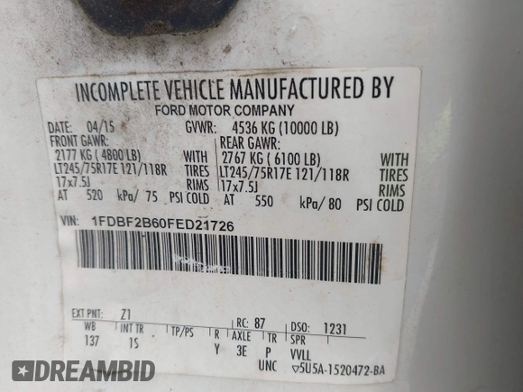 2015 Ford F-250 XL с VIN 1FDBF2B60FED21726, выставлен на аукционе IAAI как лот 42459683 с пробегом 355 935 миль миль и . История ставок и продаж доступна на DreamBid. Изображение 8.