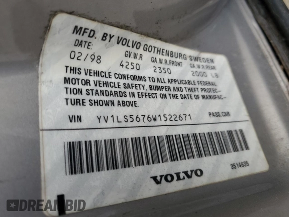 1998 Volvo S70 z VIN YV1LS5676W1522671, wystawiony jako Copart lot #88859815 z przebiegiem 185 585 mil mil oraz Szkody całkowita. Historia ofert i sprzedaży dostępna na DreamBid. Obrazek 12.