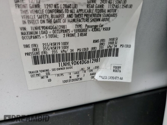 2013 Lincoln MKS with VIN 1LNHL9DK4DG612981, listed as a Copart auction lot 60701895 with 113,354 mi miles and Salvage title. Bid and sale history available at DreamBid. Image 12.