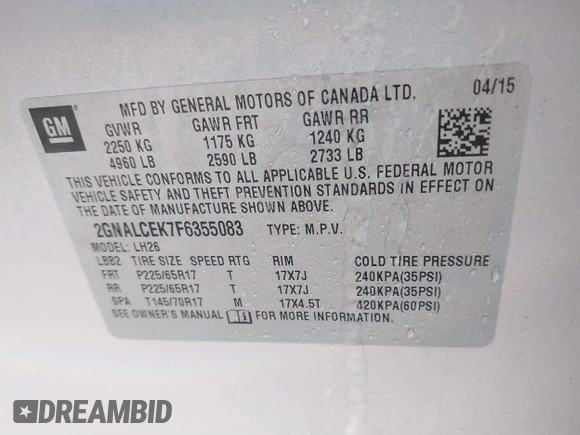 2015 Chevrolet Equinox LT with VIN 2GNALCEK7F6355083, listed as a IAAI auction lot 41384159 with 139,699 mi miles. Bid and sale history available at carsss.com. Image 9.