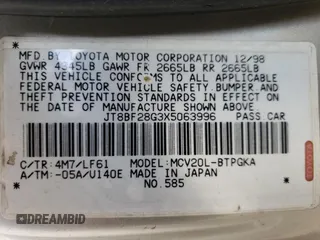 1999 Lexus ES 300 z VIN JT8BF28G3X5063996, wystawiony jako Copart lot #54093095 z przebiegiem 216 576 mil mil oraz Szkoda całkowita • Salvage title. Historia ofert i sprzedaży dostępna na DreamBid. Obrazek 12.