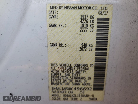 2017 Nissan Altima SV with VIN 1N4AL3APXHC496692, listed as a Copart auction lot 43218875 with 62,007 mi miles and Salvage Title. Bid and sale history available at carsss.com. Image 12.