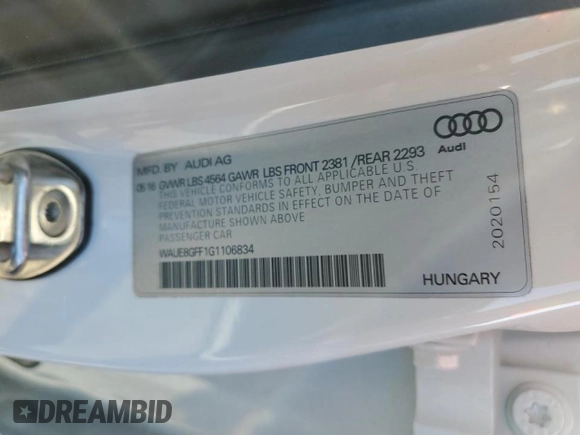 2016 Audi A3 2.0T Premium Plus with VIN WAUE8GFF1G1106834, listed as a Copart auction lot 65890952 with 63,563 mi miles. Bid and sale history available at carsss.com. Image 13.