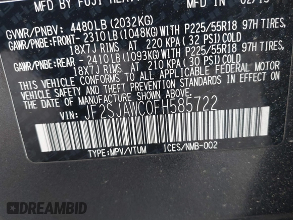 2015 Subaru Forester Touring with VIN JF2SJAWC0FH585722, listed as a IAAI auction lot 41734016 with 90,728 mi miles and . Bid and sale history available at DreamBid. Image 9.