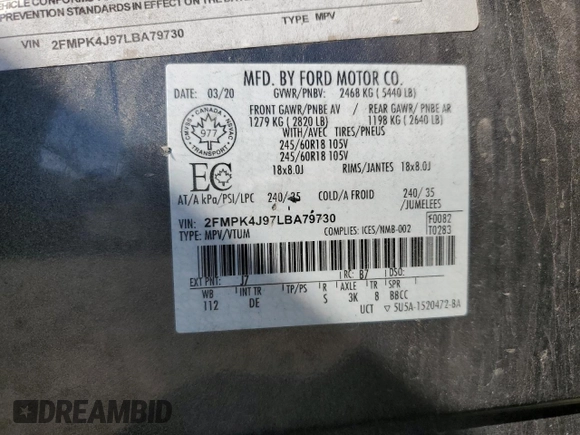 2020 Ford Edge SEL with VIN 2FMPK4J97LBA79730, listed as a Copart auction lot 59992555 with 80,902 mi miles and Salvage title. Bid and sale history available at DreamBid. Image 13.
