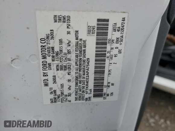 2010 Ford Ranger XLT with VIN 1FTKR4EE2APA75429, listed as a Copart auction lot 44300935 with 0 mi miles and Salvage Title. Bid and sale history available at carsss.com. Image 12.