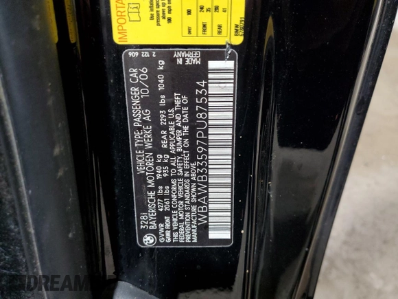 2007 BMW 3 Series 328i z VIN WBAWB33597PU87534, wystawiony jako Copart lot #44131535 z przebiegiem 139 100 mil mil oraz Szkoda całkowita • Salvage title. Historia ofert i sprzedaży dostępna na DreamBid. Obrazek 12.