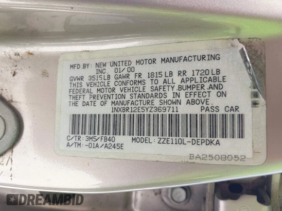 2000 Toyota Corolla VE with VIN 1NXBR12E5YZ369711, listed as a IAAI auction lot 42550174 with 273,785 mi miles and . Bid and sale history available at DreamBid. Image 9.