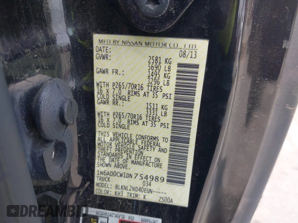 2013 Nissan Frontier SV z VIN 1N6AD0CW1DN754989, wystawiony jako IAAI lot #42277147 z przebiegiem 126 953 mil mil oraz . Historia ofert i sprzedaży dostępna na DreamBid. Obrazek 9.