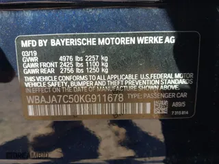 2019 BMW 5 Series 530i xDrive with VIN WBAJA7C50KG911678, listed as a IAAI auction lot 41768332 with 47,824 mi miles. Bid and sale history available at carsss.com. Image 9.