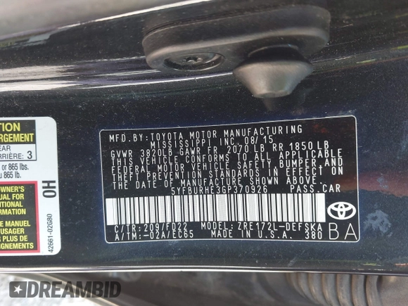 2016 Toyota Corolla L with VIN 5YFBURHE3GP370926, listed as a IAAI auction lot 41816856 with 128,714 mi miles and . Bid and sale history available at DreamBid. Image 9.