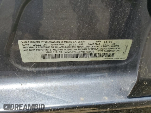 2007 Volkswagen Jetta Wolfsburg Edition с VIN 3VWEG71K87M076290, выставлен на аукционе Copart как лот 61903575 с пробегом 80 870 миль миль и Списание • Salvage title. История ставок и продаж доступна на DreamBid. Изображение 12.
