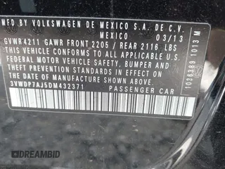 2013 Volkswagen Jetta SE z VIN 3VWDP7AJ5DM432371, wystawiony jako IAAI lot #42607003 z przebiegiem 172 077 mil mil oraz . Historia ofert i sprzedaży dostępna na DreamBid. Obrazek 9.