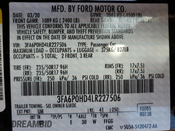 2020 Ford Fusion SE with VIN 3FA6P0HD4LR227506, listed as a Copart auction lot 49100185 with 40,260 mi miles and Salvage Title. Bid and sale history available at carsss.com. Image 12.