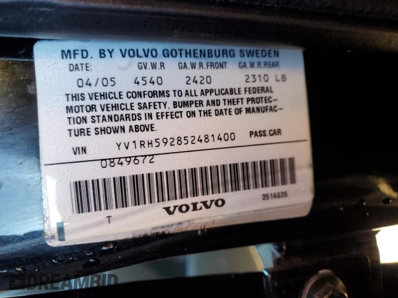 2005 Volvo S60 with VIN YV1RH592852481400, listed as a Copart auction lot 83910214 with 157,781 mi miles and Salvage Title. Bid and sale history available at carsss.com. Image 12.