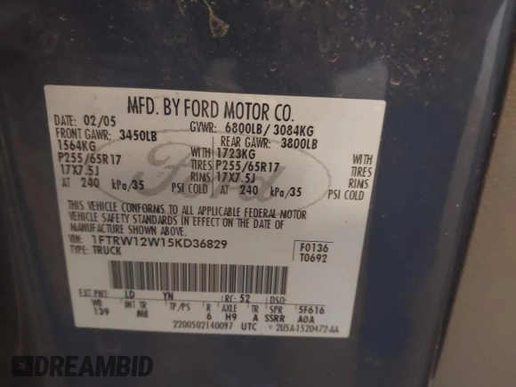 2005 Ford F-150 XLT с VIN 1FTRW12W15KD36829, выставлен на аукционе IAAI как лот 42438984 с пробегом Не указан миль и . История ставок и продаж доступна на DreamBid. Изображение 9.