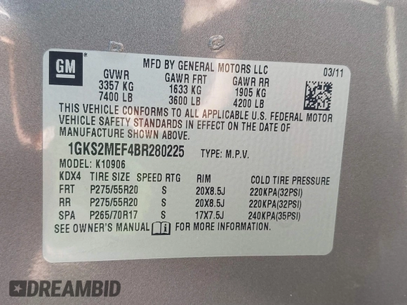 2011 GMC Yukon XL Denali with VIN 1GKS2MEF4BR280225, listed as a IAAI auction lot 41732220 with 121,684 mi miles. Bid and sale history available at carsss.com. Image 9.