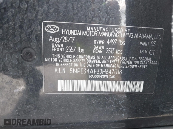 2018 Hyundai Sonata SEL with VIN 5NPE34AF3JH647018, listed as a IAAI auction lot 41687419 with 97,561 mi miles and . Bid and sale history available at DreamBid. Image 9.