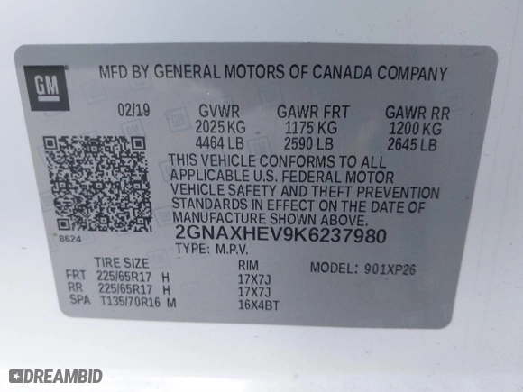 2019 Chevrolet Equinox LS with VIN 2GNAXHEV9K6237980, listed as a IAAI auction lot 41265515 with 84,437 mi miles. Bid and sale history available at carsss.com. Image 9.