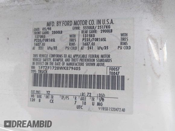 1998 Ford F-150 with VIN 1FTZF1728WKB79405, listed as a IAAI auction lot 41974754 with 278,674 mi miles and . Bid and sale history available at DreamBid. Image 9.