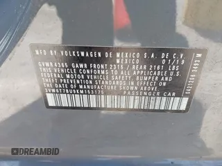 2019 Volkswagen Jetta GLI S z VIN 3VW6T7BU9KM153175, wystawiony jako IAAI lot #42099719 z przebiegiem 90 608 mil mil oraz . Historia ofert i sprzedaży dostępna na DreamBid. Obrazek 9.
