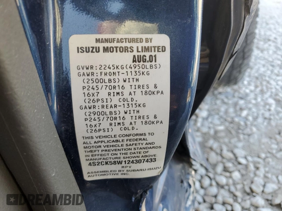 2002 Isuzu Rodeo S with VIN 4S2CK58W124307433, listed as a Copart auction lot 75447074 with 129,163 mi miles and Salvage title. Bid and sale history available at DreamBid. Image 12.