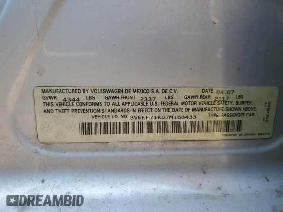 2007 Volkswagen Jetta Wolfsburg Edition z VIN 3VWEF71K07M168433, wystawiony jako Copart lot #60796705 z przebiegiem Nie podano mil oraz Szkoda całkowita • Salvage title. Historia ofert i sprzedaży dostępna na DreamBid. Obrazek 12.