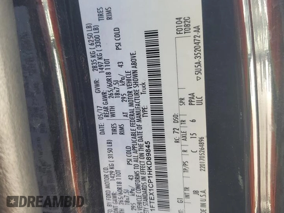 2017 Ford F-150 XL with VIN 1FTEX1CP1HKD89845, listed as a Copart auction lot 50220015 with 140,676 mi miles and Salvage Title. Bid and sale history available at carsss.com. Image 12.
