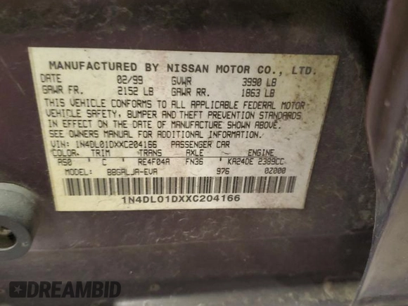 1999 Nissan Altima XE with VIN 1N4DL01DXXC204166, listed as a Copart auction lot 53478785 with 138,172 mi miles and Salvage Title. Bid and sale history available at carsss.com. Image 12.
