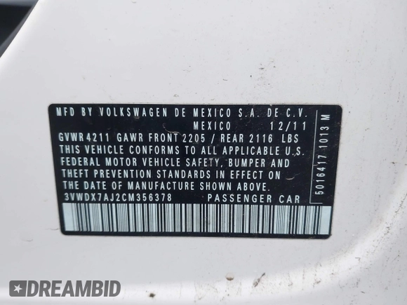2012 Volkswagen Jetta SE with VIN 3VWDX7AJ2CM356378, listed as a IAAI auction lot 41145401 with 132,301 mi miles and . Bid and sale history available at DreamBid. Image 9.